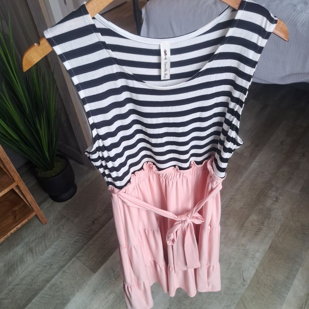 Vanilla Bay Womens M/L Stretch Striped Pink Flowy Tiered Ruffle Sleeveless Dress